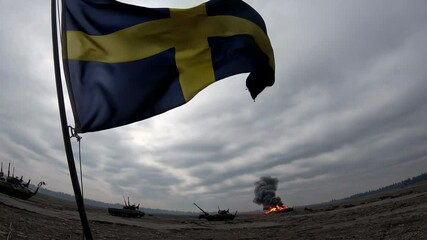 Drone flies over Sweden’s battlefield. Amid smoke and ruin, a torn blue and yellow flag with Nordic cross waves—cinematic symbol of pride, endurance, and identity