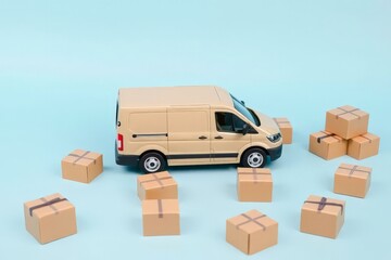 Delivery Van Surrounded by Cardboard Boxes on Blue Background