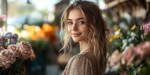 Young woman smiling amid colorful flowers in a vibrant floral shop during the daylight hours