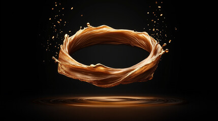 Abstract splash of golden liquid swirling in mid-air, creating dynamic shapes and textures, illuminated against a dark background, showcasing fluid motion and artistic expression