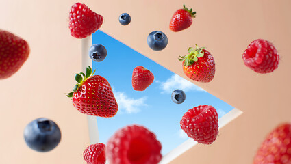 Fresh strawberries and blueberries levitating against a softly colored background with sky view