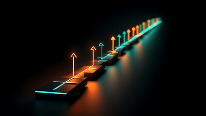 Neon arrows ascending in a staircase pattern on a dark background symbolizing growth