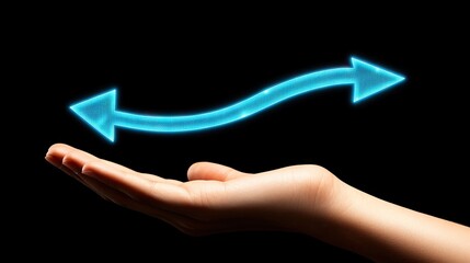 Directional graphic of a light-blue arrow in a hand.