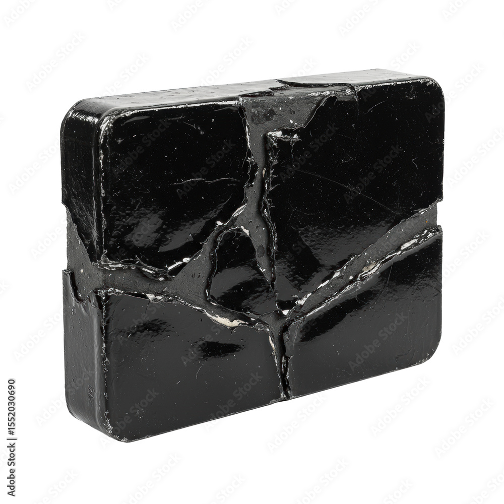 Poster abstract, rectangular, crumpled black object with high-gloss surface, showing deep scratches and pee