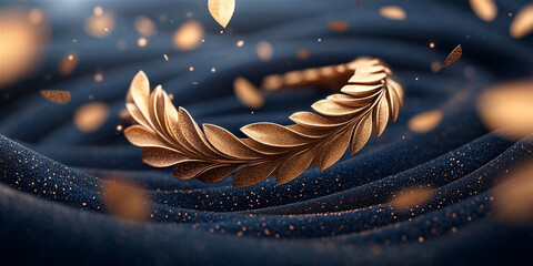 Elegant bronze laurel wreath gracefully floating above soft, undulating fabric, surrounded by shimmering particles, creating a sense of luxury and celebration in a captivating visual display