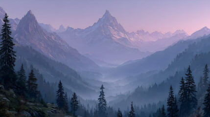 Fototapeta premium Majestic mountain landscape capturing the serene beauty of nature at dawn with fog enveloping the valley