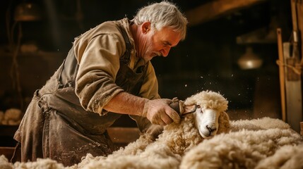 Elderly Shearer Carefully Shearing Sheep in a Rustic Barn with Soft Lighting