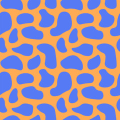 Animal print abstract seamless pattern. Bright vector cow skin texture background in blue and orange colors.