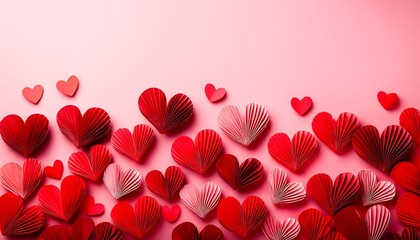 Intricately Folded Red and Pink Paper Hearts on a Soft Pink Background for Valentine's Day Celebration