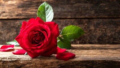 "Close-Up of a Single Red Rose on Wooden Surface with Petals Scattered, Symbolizing Love and Romance for Valentine's Day. Copy space