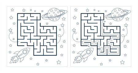 Printable space maze with solution – black and white rocket maze to planet, kids coloring puzzle with answer path, vector line art