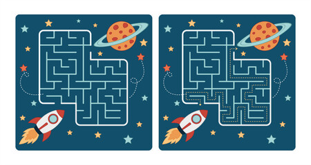 Space maze with solution – fun cartoon rocket maze to planet, flat vector game for kids with answer path included