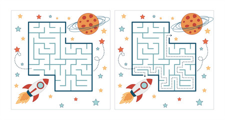 Space maze with solution – fun cartoon rocket maze to planet, flat vector game for kids with answer path included
