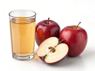 Fresh red apples with sliced apple and glass of golden apple juice on white background