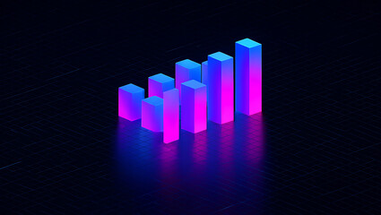 Isometric glowing bar chart on a dark grid background with blue and pink neon lighting