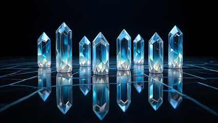 Illuminated blue crystal shards arranged in a symmetrical pattern on a reflective dark surface
