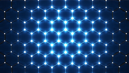 Luminous hexagonal network with glowing white nodes on a dark blue background