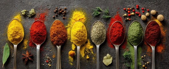 The vibrant assortment of spices in decorative spoons for culinary use.