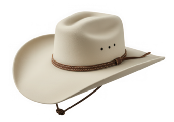 White cowboy hat with brown leather band isolated on transparent background