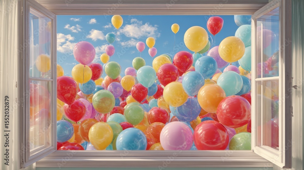 Poster colorful balloons of various shapes and sizes floating through an open window, creating a vibrant an