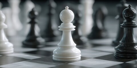 White Chess Pawn Surrounded by Black Pieces on Checkerboard