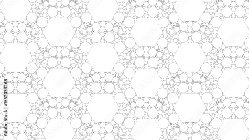 Poster halftone delicate line art of interconnected hexagonal frames with perfectly inscribed circles in a 