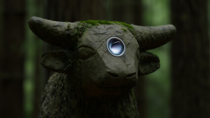 Ancient stone bull statue with a modern camera lens as an eye in a mossy forest