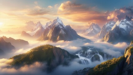 Majestic Misty Mountain Peaks Bathed in Golden Sunrise Light and Cascading Waterfalls