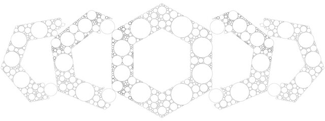 Halftone Outlined Vector Monochrome Pattern of Geometric Hexagonal Shapes with Symmetrical Circles Inside, Drawn with Graceful and Airy Lines