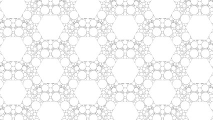 Halftone delicate Line Art of Interconnected Hexagonal Frames with Perfectly Inscribed Circles in a Minimal Geometric Composition. Vector