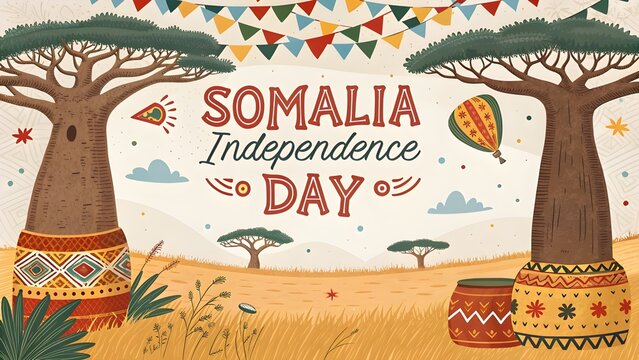 Somalia independence day celebration with baobab trees and festive bunting