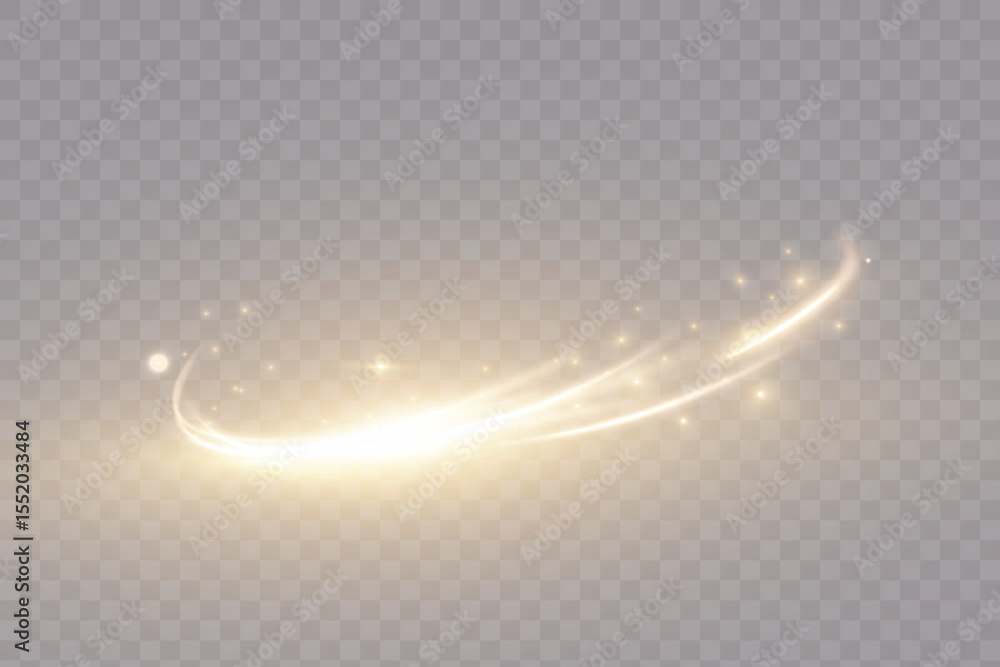 Poster Golden curved light trails with orange glow effect on transparent background. Vector for dynamic graphics, digital overlays, holiday designs or dynamic glowing backgrounds.