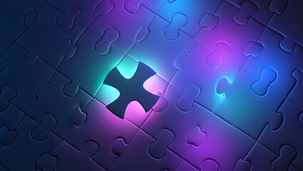 A single glowing puzzle piece illuminates a dark interconnected puzzle board with vibrant neon light