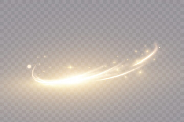 Golden curved light trails with orange glow effect on transparent background. Vector for dynamic graphics, digital overlays, holiday designs or dynamic glowing backgrounds.