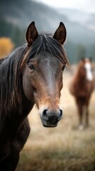 Fototapeta premium Brown horse with black mane stands in a meadow with another horse in the background during a foggy morning