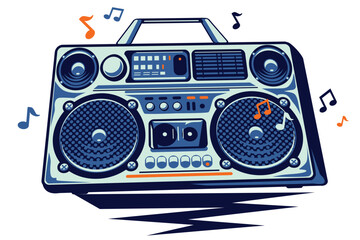 Music design - playing retro boom box tape recorder and musical notes