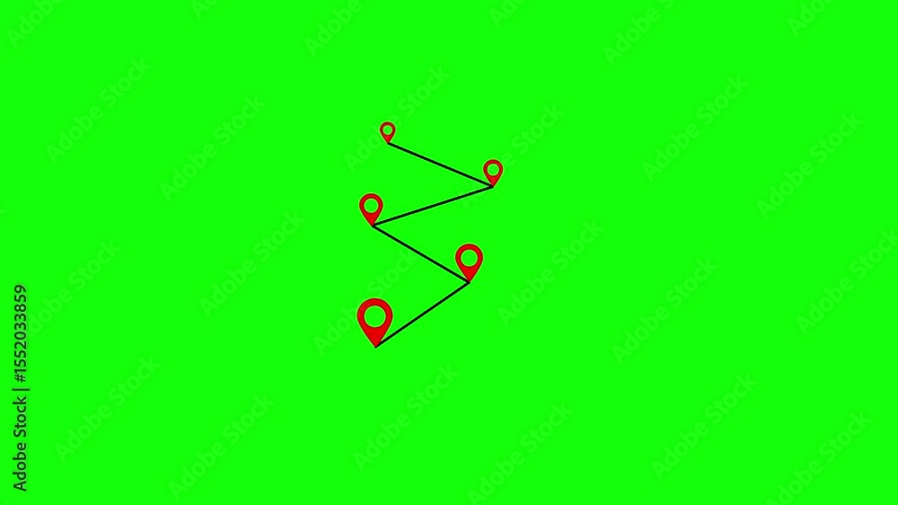 Poster animated path representation depicting a route with location pins against a green screen backdrop fo