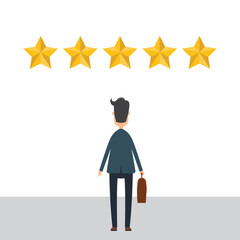 A business professional stands beneath five golden stars, symbolizing excellent rating and quality performance. The backdrop is a clean white, creating a minimalist and focused scene.