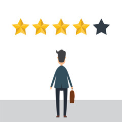 A business man stands viewing a four-star rating. The man holds a briefcase. The rating may represent product quality or customer satisfaction and opinions.