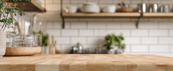 The warm wooden countertop in a modern kitchen setting with stylish decor.