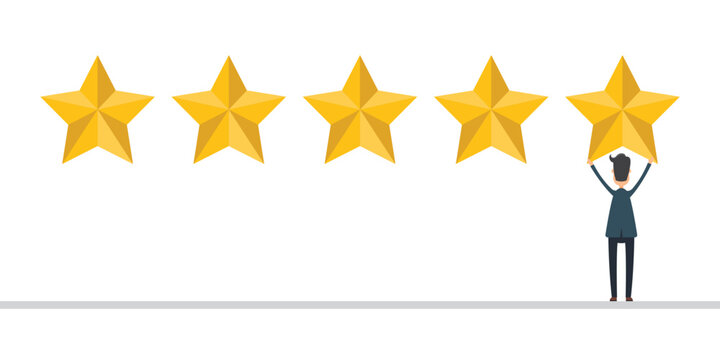 A five-star rating is shown with a person holding a gold star. The stars are a symbol of quality, achievement, and high standards in business or customer service.