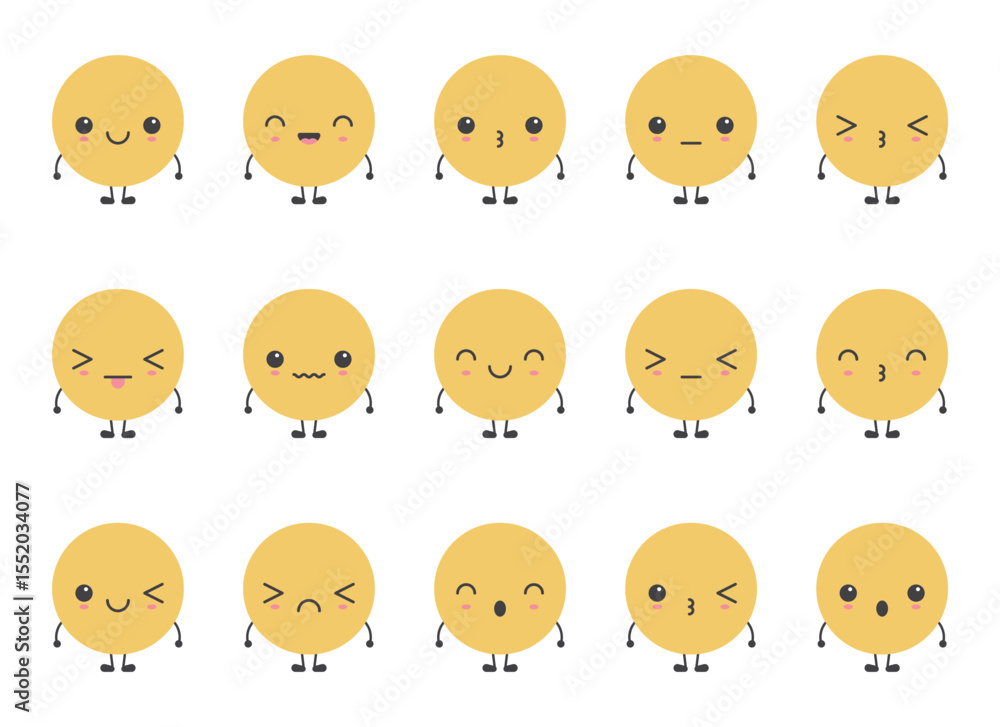 Poster a collection of fifteen unique round face cartoon characters, each displaying distinct expressions. 