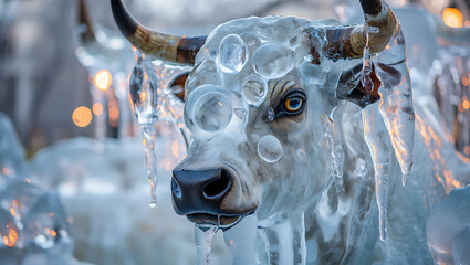 Majestic ice sculpture of a bull adorned with natural bubbles and icicles
