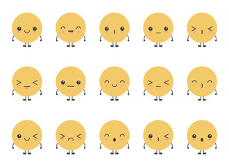 A collection of fifteen unique round face cartoon characters, each displaying distinct expressions. The light background emphasizes their minimalist design and simple charm.