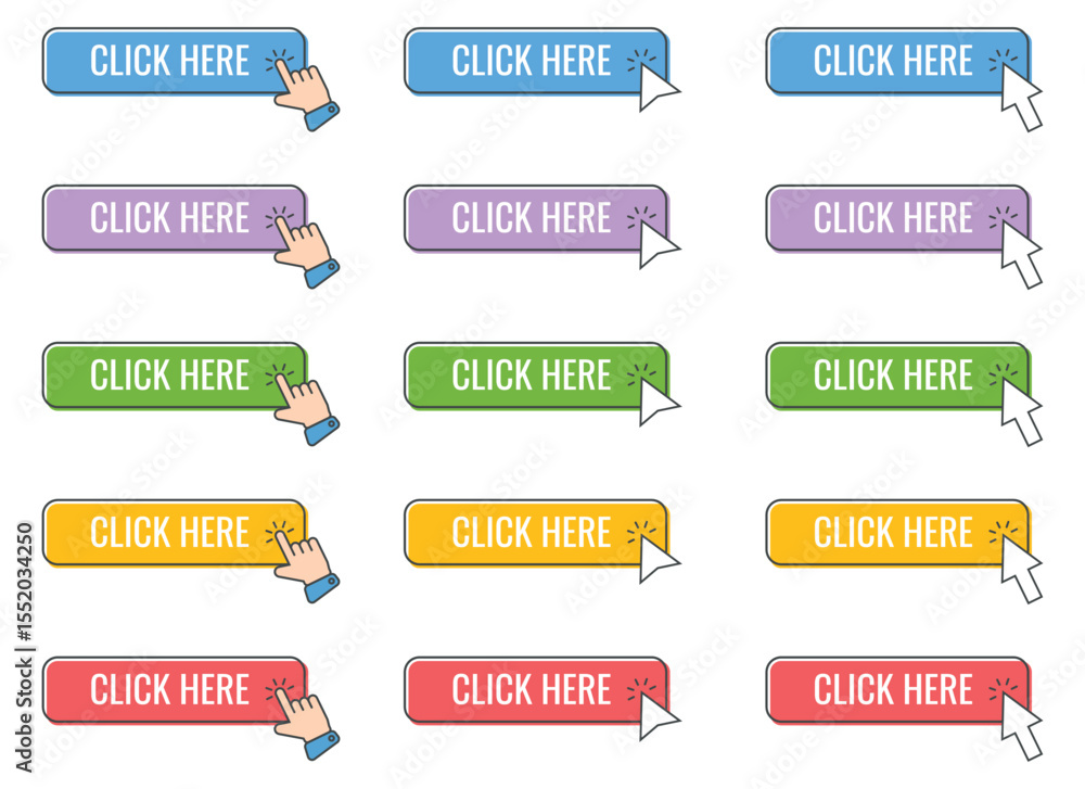 Fototapete a grid showcases a variety of vibrant 'click here' buttons, each adorned with either a finger-pointi