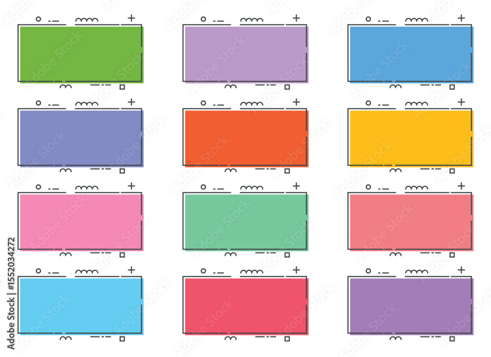Poster a collection of twelve outlined, solid color geometric blocks, arranged in a three by four grid on a