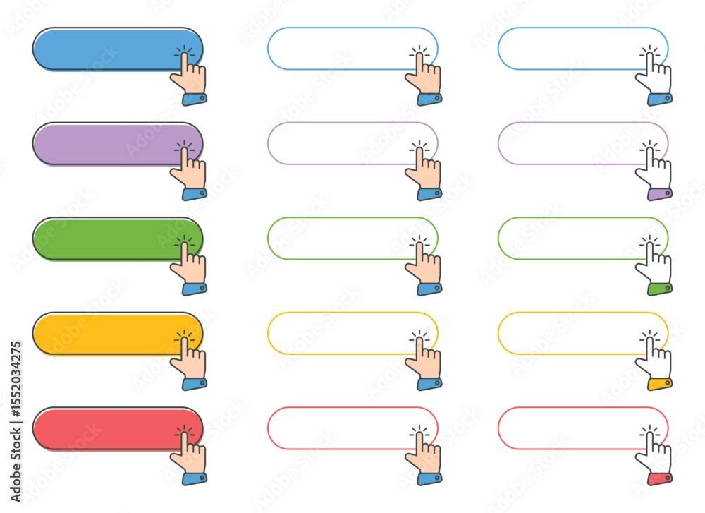 Fototapete a set of stylized, colorful buttons designed for web or app interfaces, each accompanied by a cartoo