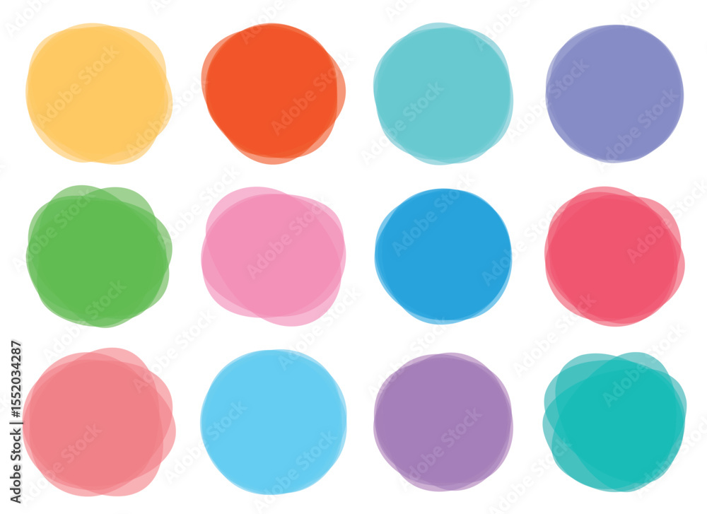 Poster a grid arrangement of twelve abstract circular shapes each rendered in a different color with a soft