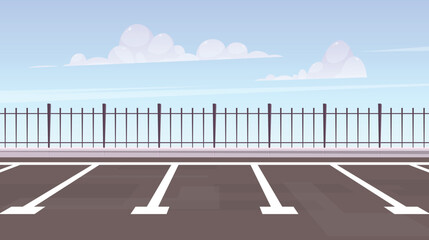 An outdoor parking area with white lot lines, a black fence, and a clear blue sky dotted with puffy white clouds creates a spacious and inviting atmosphere for easy parking. © Creativeclipcloud