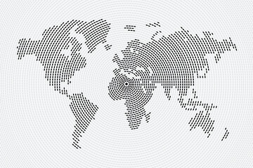 Abstract vector world map made from concentric circles of dashed lines on a light gray background, focusing on Europe. It visualizes global data and interconnectedness.